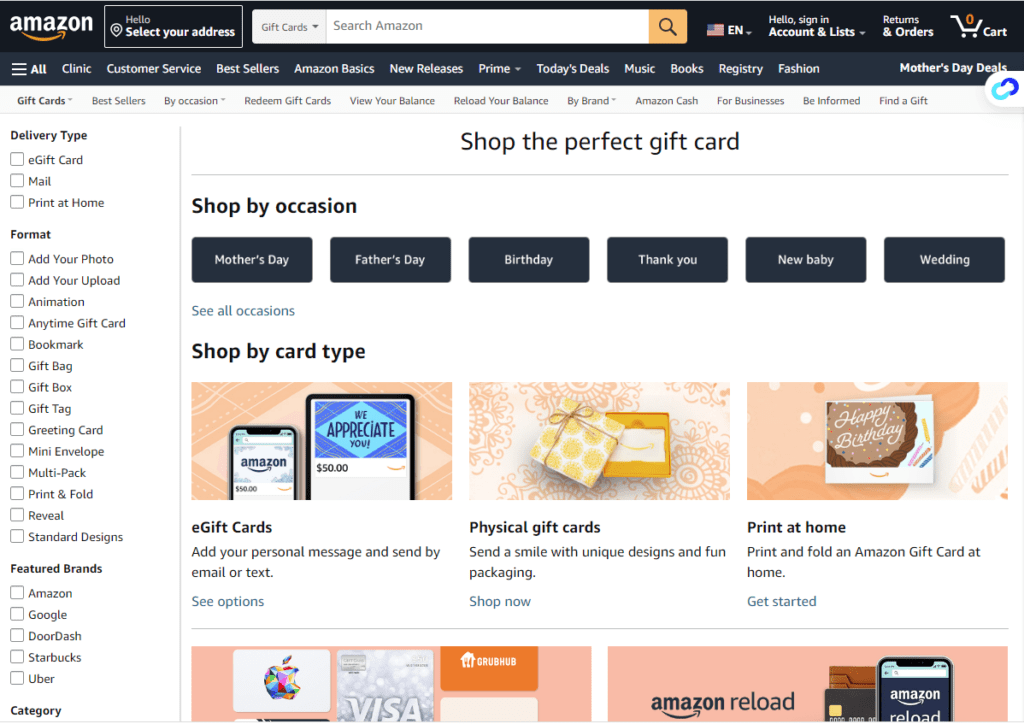 Homepage of Amazon with different products